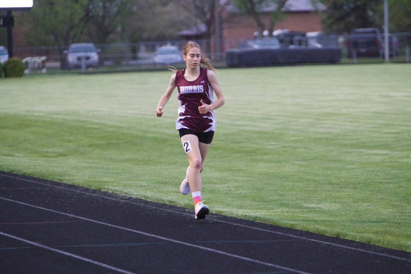 Morris's Joy Dudley competes in the 1600 Meter Run at the Interstate 8 Girl's track meet on Friday, May,5,2023 in Sycamore.