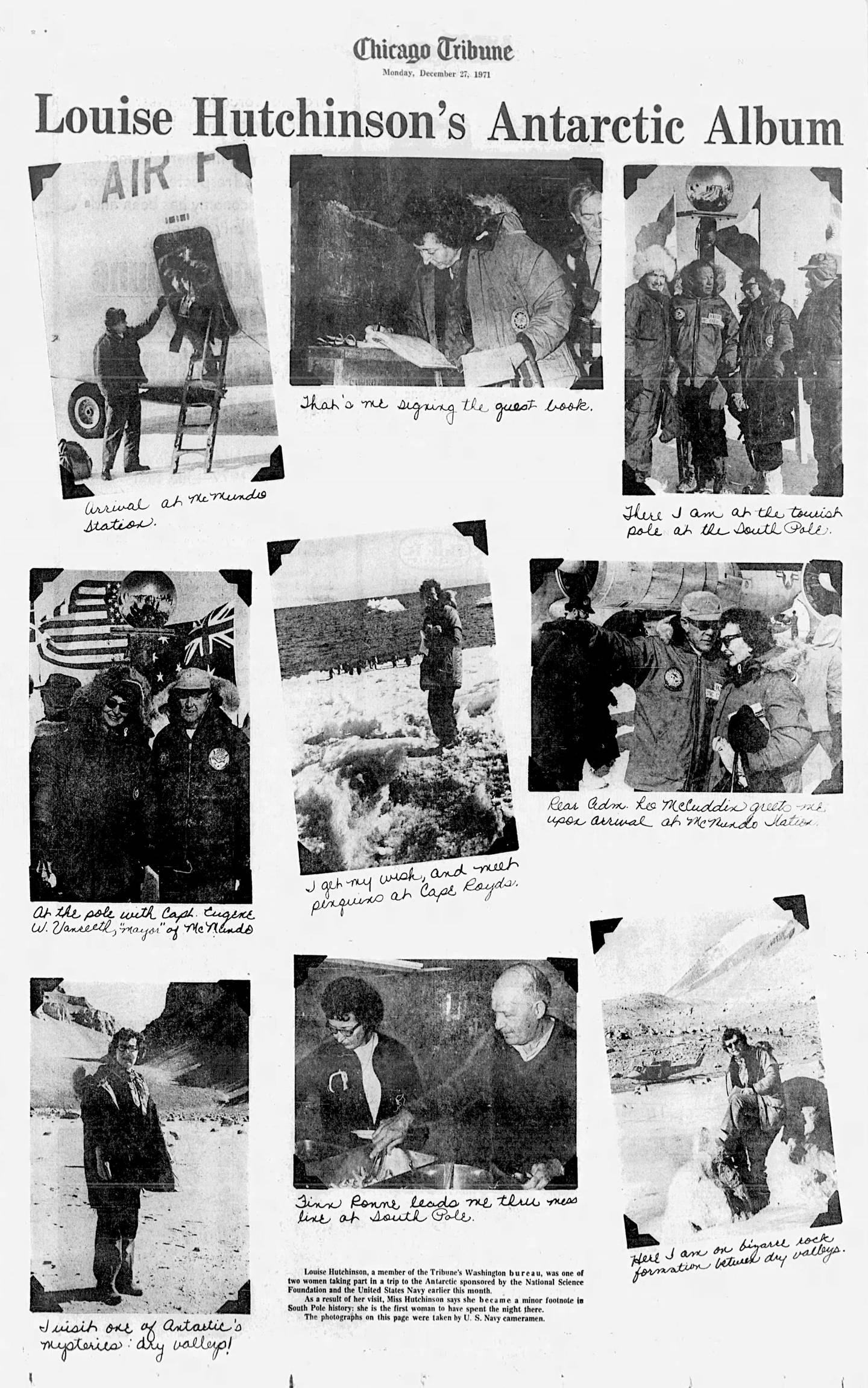 This page of photos from reporter Louise Hutchinson's trip to the South Pole ran in the Chicago Tribune on Dec. 27, 1971.