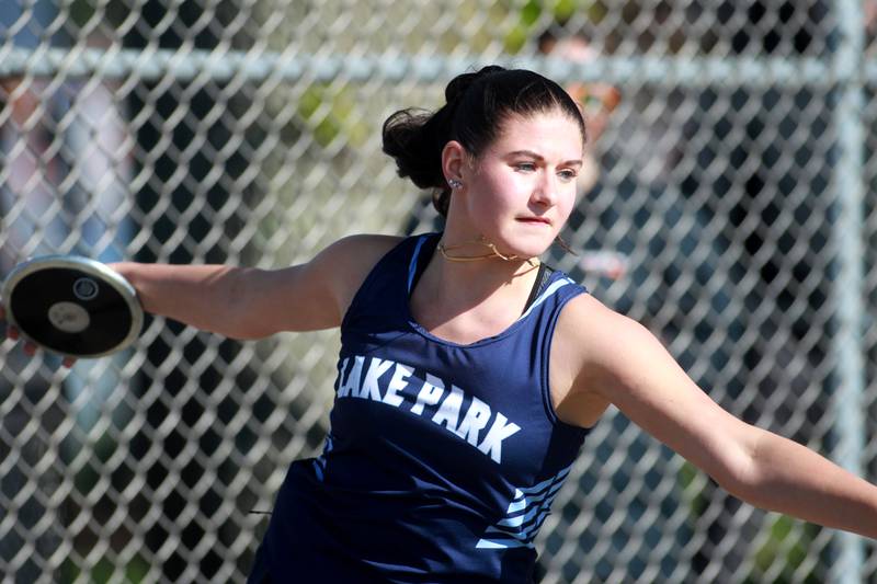Lake Park’s Klara Volkova competes in the discus during the DuKane Conference Girls Outdoor Championship on Thursday, May 8, 2025 at Glenbard North in Carol Stream.