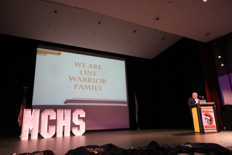 Dr. Ryan McTague, superintendent of McHenry Community High School District 156, announced the launch of a community-wide survey to start the strategic planning process for the district during the August 14, 2023 welcome event for staff.