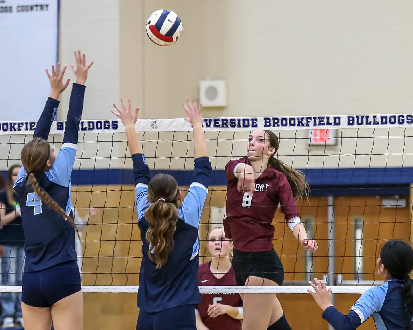 Lockport's Kyla Mitchell (8) spikes the ball during Class 4A Riverside-Brookfield Supersectional match between Lockport at Downers Grove South.  Nov 11, 2024  in Riverside.