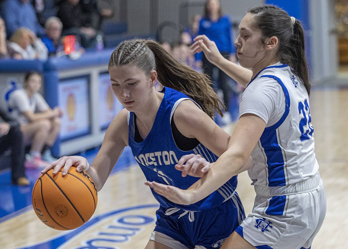 Princeton’s Addy Dever handles the ball against Newman’s Anna Propheter Thursday, Jan. 15, 2026.