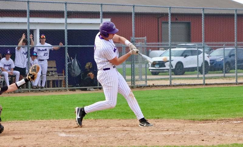 Rochelle's Brode Metzger hits a single during the Hubs' game with Sycamore on April 13.