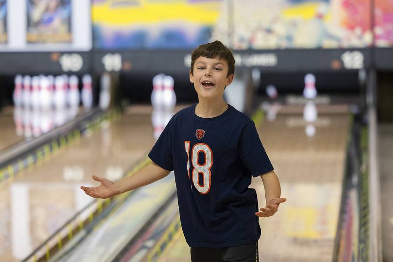St. Mary’s School fourth grader Ace Olson reacts to missing a spare Tuesday, Jan. 28, 2025, during a Catholic Schools Week visit to Blackhawk Lanes. The Sterling school is celebrating the week with lots of fun activities.