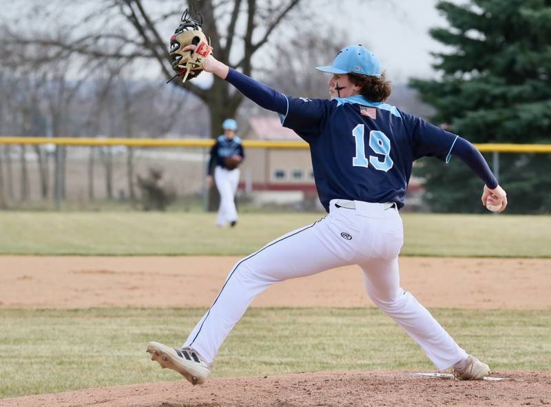 Bureau Valley sophomore Logan Philhower makes his pitch against ROWVA in Tuesday's season-opener in Manlius.