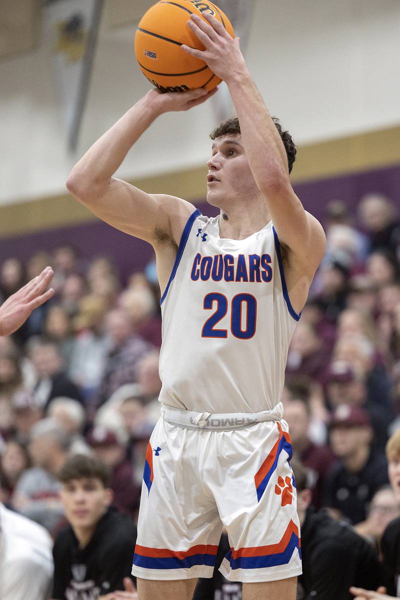 Eastland’s Peyton Spears puts up a shot against Dakota Wednesday, March 5, 2025, during the Class 1A boys basketball Sectional semifinal at Pecatonica High School.