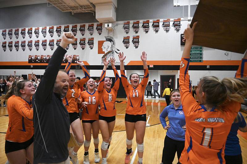 Genoa-Kingston celebrates its 2A sectional win over Rock Falls in two sets, 25-11, 25-23, on Wednesday, Nov. 2, 2022. The Cogs will play Quincy Notre Dame on Friday in Princeton.
