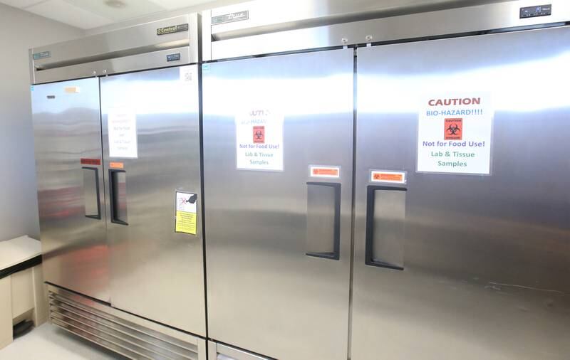 Industrial freezers are seen at the biological storage room at the La Salle County Forensic Center on Wednesday, Aug. 30, 2023 in Oglesby. La Salle County officials agreed the coroner's office needed material upgrades to comply with a growing number of unfunded mandates handed down by lawmakers in Springfield.