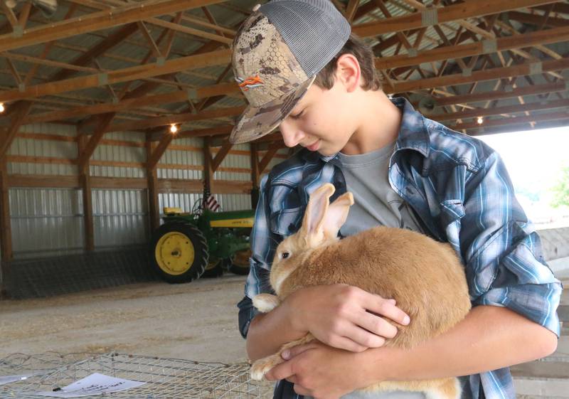 Trandon Kays of Magnolia holds a rabbit that he is showing  during the Marshall-Putnam 4-H Fair on Tuesday, July 23, 2024 at the Marshall-Putnam Fairgrounds in Henry.
