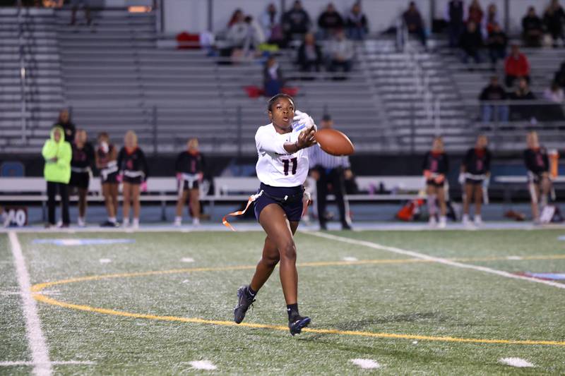 Oswego's Jazmin Hurston nearly catches an interception from Yorkville during the Foxes' 2-1 overtime victory over Oswego in the IHSA Kankakee Regional championship game on Thursday, Oct. 9, 2025.