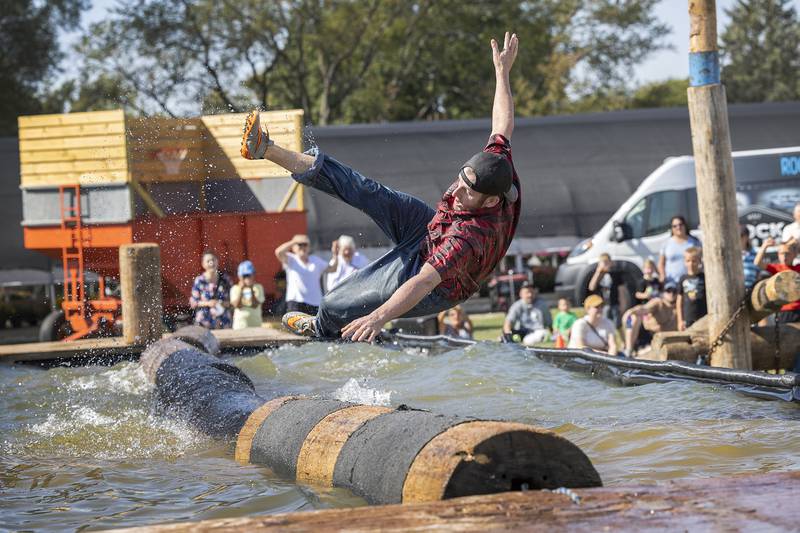 Tyler Berard goes belly up Saturday, October 5, 2024, during the boom run at the Lumberjack Show in Rock Falls.