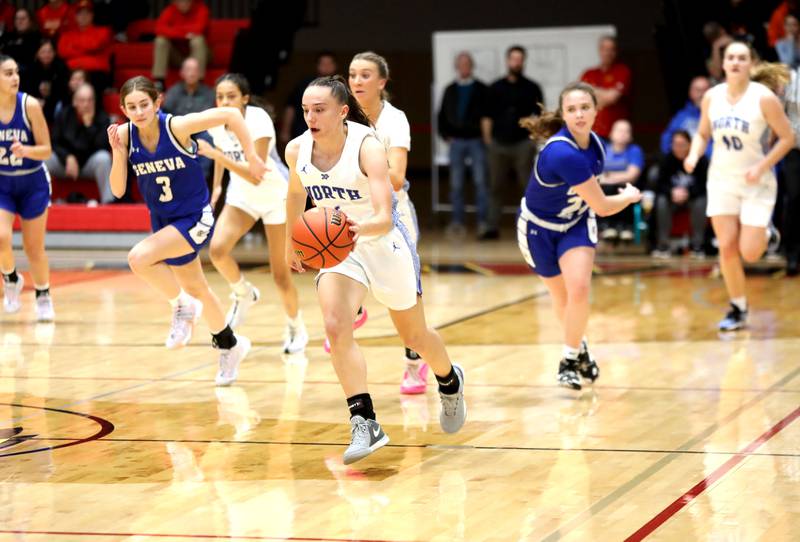 St. Charles North’s Laney Stark breaks away with the ball during a Class 4A Batavia Sectional semifinal game against Geneva on Tuesday, Feb. 20, 2024.