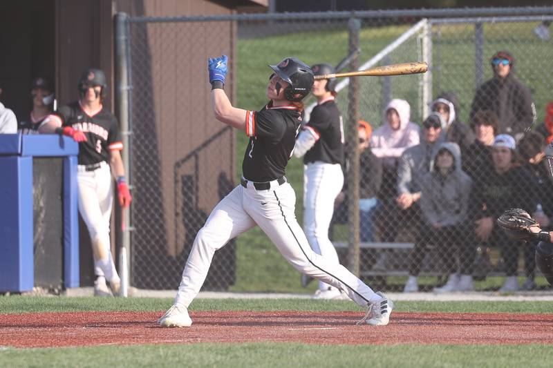 Lincoln-Way West’s Cam Buckley connects against Lincoln-Way East on Monday, April 24, 2023 in Frankfort.