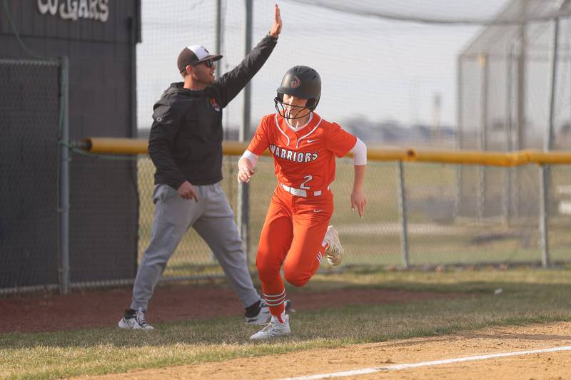 Lincoln-Way West’s Holly Smith rounds third to score against Plainfield South on Tuesday, March 24, 2026 in Plainfield.