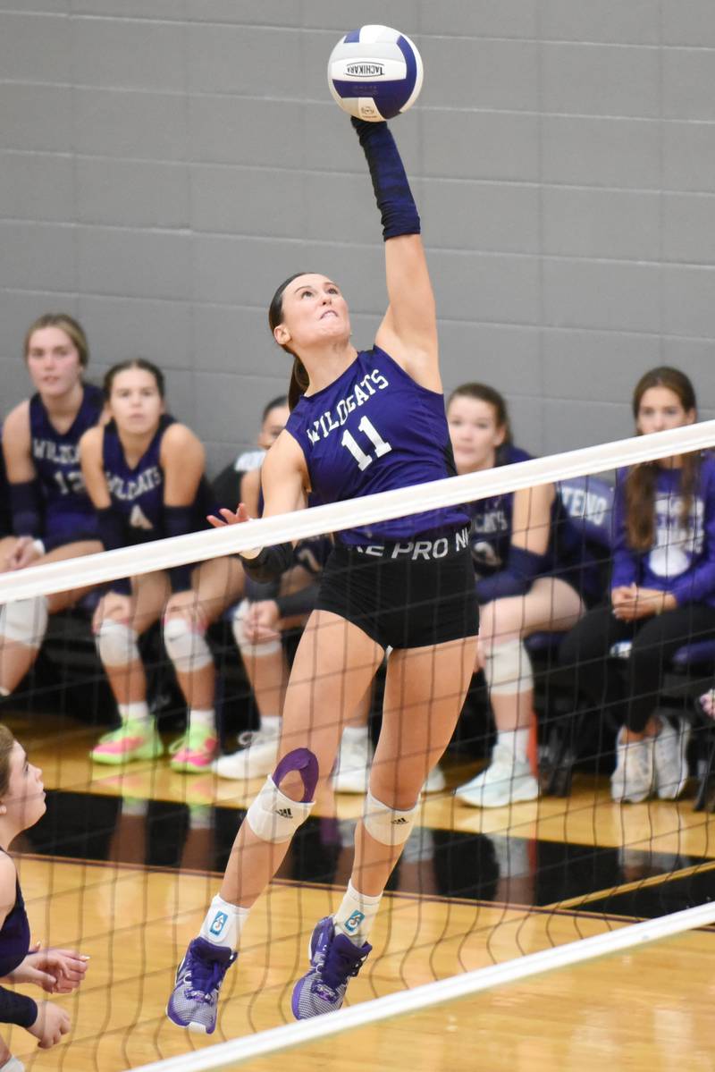 Wilmington's Molly Southall sends a hit over during a game at Manteno Tuesday, Oct. 7, 2025.