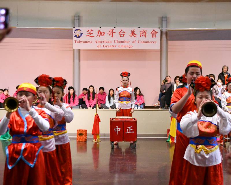The Jhong Jheng Elementary School Suona and Drum Ensemble from Kinmen, Taiwan preform on Saturday April 19, 2025, at the Taiwanese American Chamber of Commerce building in Westmont.