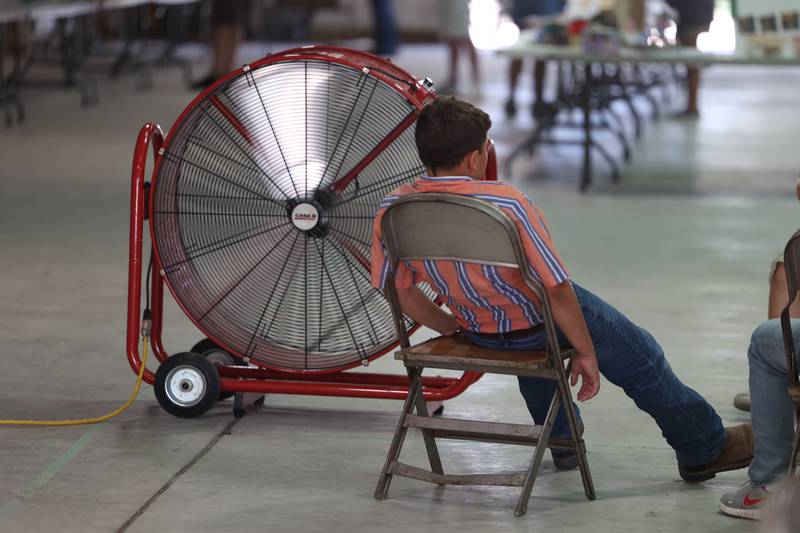 A teen cools off in front of an industrial fan at the Grundy County 4-H Fair on Sunday, July 30 in Morris.