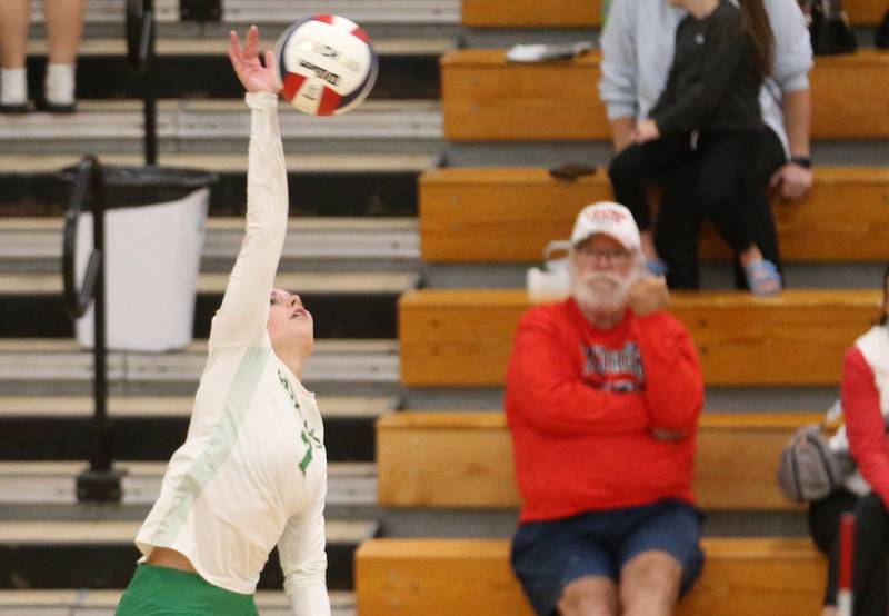 Seneca's Audry McNabb sends a kill past Erie-Prophetstown defenders in the Class 2A Sectional semifinal game on Tuesday, Nov. 5, 2024 at Bureau Valley High School.