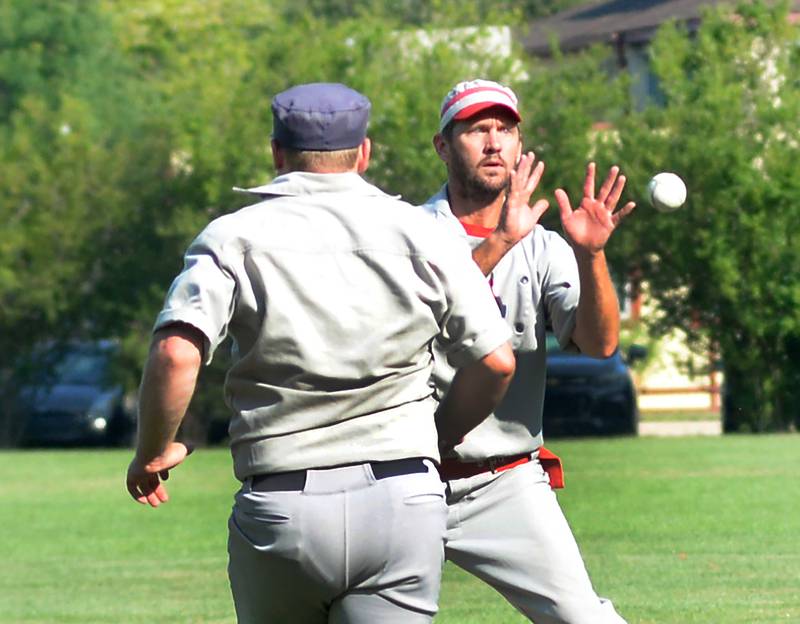 Ganymede shortstop Brett Rogers gets ready to catch a throw to force out the Columbus Buckeye runner at the World Tournament of Historic Base Ball held at the Henry Ford Museum's Greenfield Village on Saturday, Aug. 9, 2025.