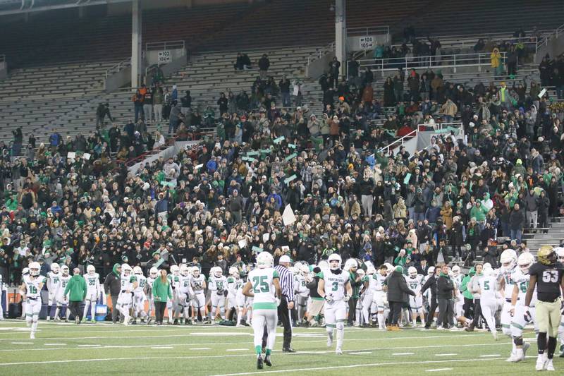 Providence Catholic crowd celebrates after scoring a touchdown in the Class 4A state title on Friday, Nov. 25, 2022 at Memorial Stadium in Champaign.