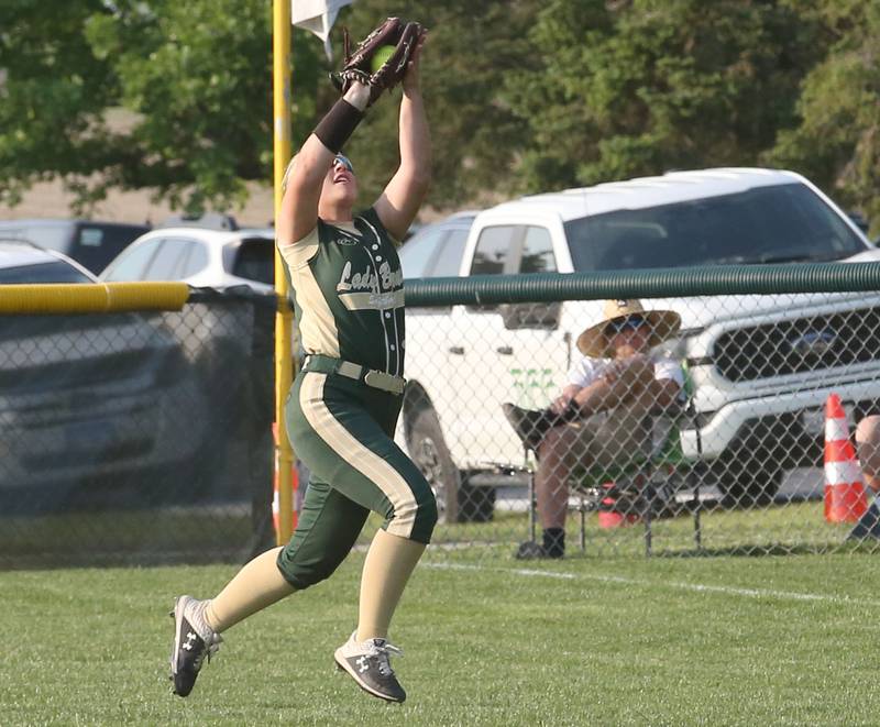 St. Bede's right fielder Tessa Dugosh makes a catch right field against Ridgewood AlWood Cambridge in the Class 1A Sectional semifinal game on Tuesday, May 23, 20223 at St. Bede Academy.
