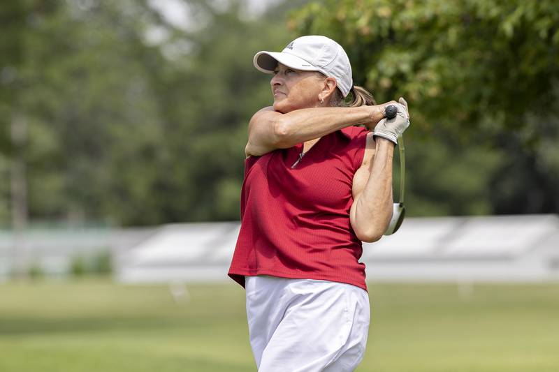 Beth Haag of Indian Oaks watches her tee shot fly on #5 Friday, July 11, 2025, during the 102nd annual Ladies Lincoln Highway golf tournament at Timber Creek Golf Club in Dixon.
