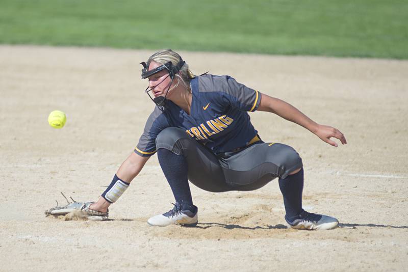 Sterling pitcher Elizabeth Palumbo can’t quite handle a shot up the middle Monday, April 9, 2022 against United Township.