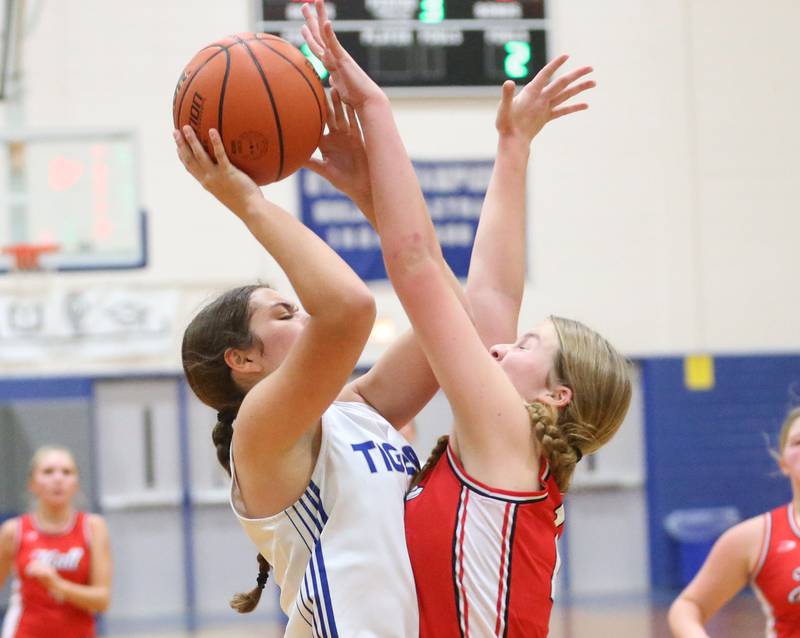 Princeton's Olivia Mattingly has her shot blocked by Hall's Caroline Morris during the Princeton Holiday Girls Basketball Tournament on Friday, Nov. 23, 2024 at Princeton High School.