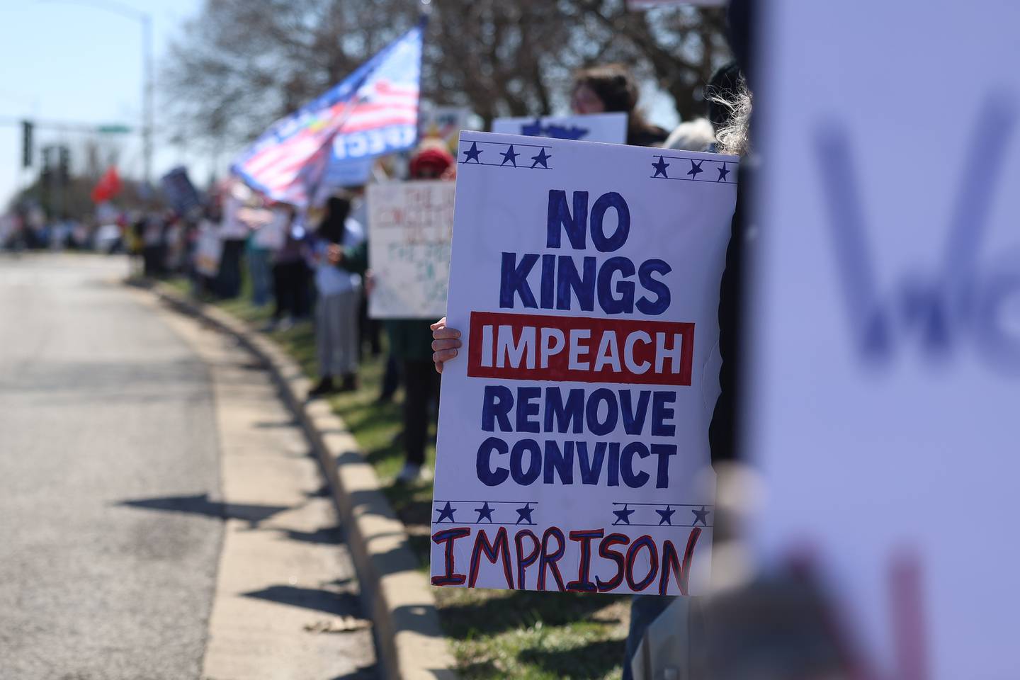 Hundreds of people line Plainfield Road at the No Kings rally on Saturday, March 28, 2026 in Joliet.
