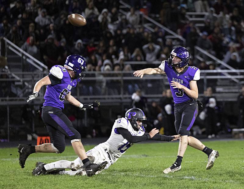 Dixon’s Tyler Shaner fires a pass down the middle against Plano Friday, Oct. 27, 2023 in Dixon.