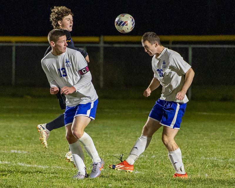 Austin Kennedy (26) of Hinckley-Big Rock headers ball during the Little Ten Conference Championship match on Thursday, Oct. 9, 2025 at Hinckley-Big Rock School in Hinckley.