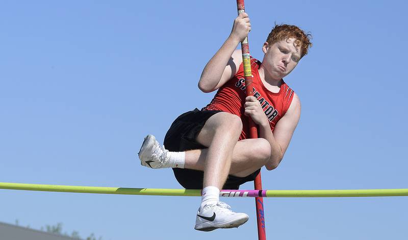 Streator’s Tyberius Hallam competes in the pole vault during the Rollie Morris Invite on Saturday, April 15, 2023 at Hall High School.