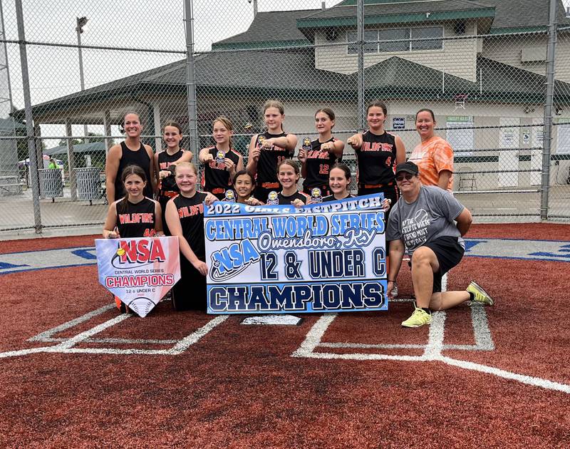 The Wedron Wildfire softball team recently went 7-0 to win the National Softball Association (NSA) 12U “C” Central World Series held in Owensboro, Ky. The Wildfire, comprised of players from Ottawa, Streator, Grand Ridge, Putnam County, Mendota, Ransom, Utica and La Salle-Peru, went 7-0, in pool play defeating the Wheatland Spikes 17-6, Southfield Ducks 17-3, Kentucky Lightning 15-4 and Michigan Ice 12-2. In bracket play, they topped the Southfield Ducks 6-3, Wheatland Spikes 12-8 and Southfield Ducks 20-6. Team members are (front row, left to right) Morgan Kostal, Addison Schweickert, Yesenia Avila, Caitlyn Talty, Leah Henkel, assistant coach Laura Cuchra; (back row) head coach Brooke Rick, Ava Price, Maggie Bumgarner, Kelsey Cuchra, Kinley Rick, Reagan Morgan and assistant coach Angie Morgan. Not pictured is Kieran Black.