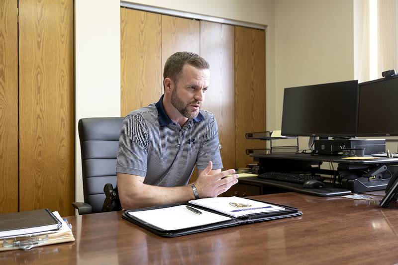 New Dixon police chief Ryan Bivins speaks about his community focused ideas Thursday, May 29, 2025, at the station. Bivins will officially be sworn in next Monday.
