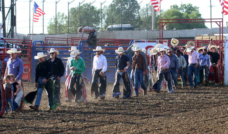 Bull riders are introduced during the Starved Rock Rodeo on Saturday, June 21, 2025 at the La Salle Speedway.