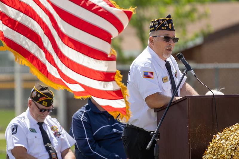 Dennis Znaniecki of the Peru Honor Guard speaks at the annual Memorial Day service on Monday, May 26, 2025 at Washington Park in Peru.
