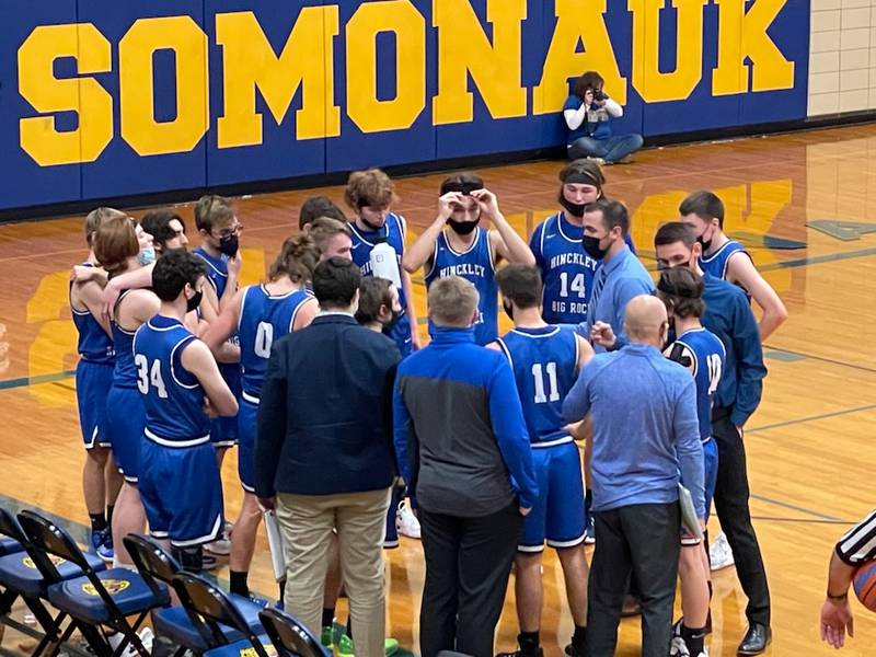 The Hinckley-Big Rock boys basketball team huddles during the Royals' loss at Somonauk on Friday, January 7th, 2022.