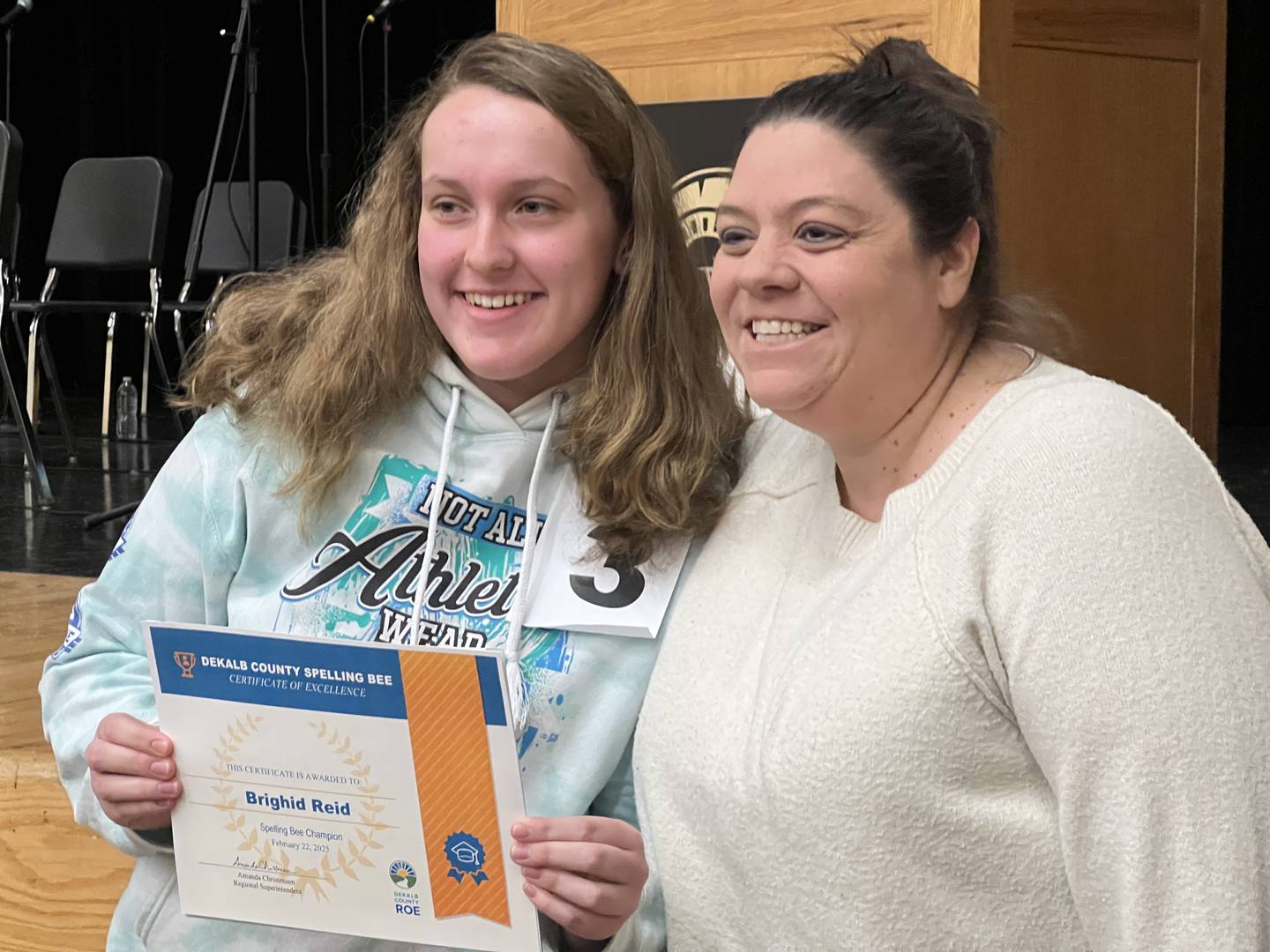 Somonauk Middle Schooler Brighid Reid celebrated winning the DeKalb County Regional Office of Education Spelling Bee on Feb. 22, 2025, alongside Somonauk Middle School reading specialist and spelling bee coach Emily Dolce.