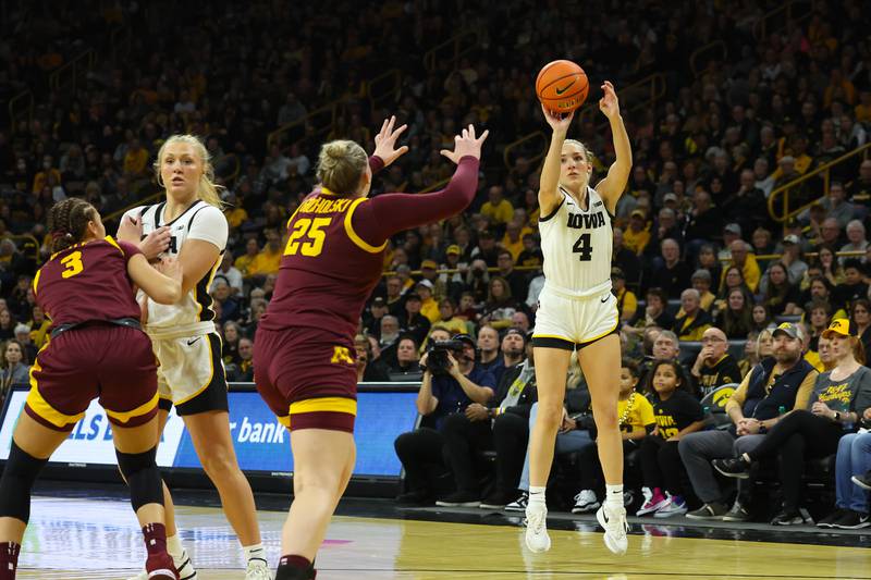 Iowa Hawkeyes guard Kylie Feuerbach (4) shoots during the first quarter of their game against Minnesota at Carver-Hawkeye Arena in Iowa City, Iowa on Saturday, December 30, 2023. (Stephen Mally/hawkeyesports.com)