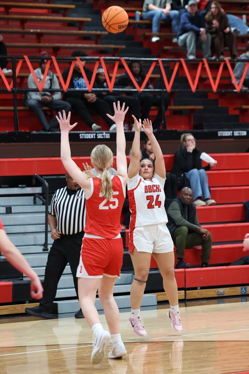 Bradley-Bourbonnais' Jayden Vaughn puts up a shot over Ottawa's Libby Muffler during Ottawa's 55-44 victory on Monday, Feb. 9, 2026.