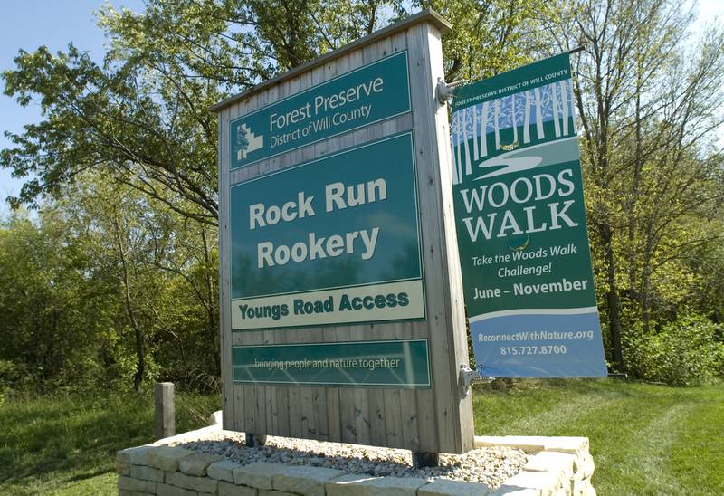 A view of the sign at the main entrance to Rock Run Rookery Preserve Wednesday, Sept. 19, 2012 in Joliet.