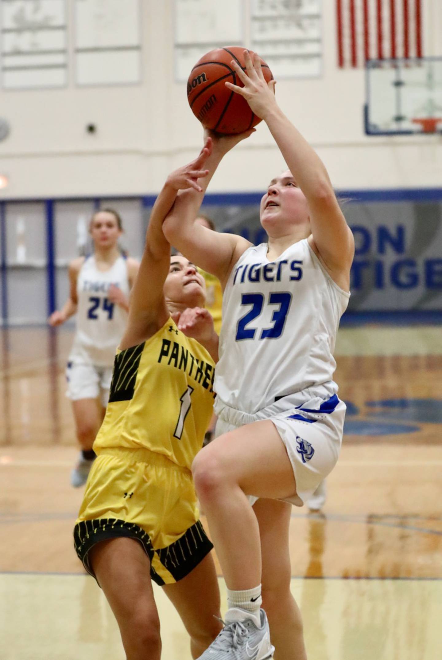 Princeton's Miyah Fox shoots overPutnam County's Ava Hatton in tournament play at Princeton Monday. The Tigresses won 62-36.