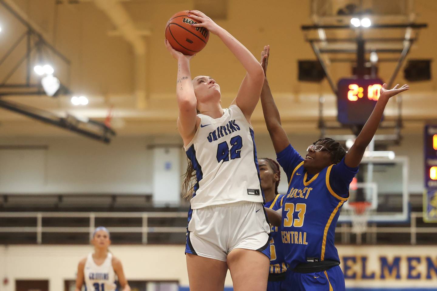 Lincoln-Way East’s Hayven Smith puts up a shot against Joliet Central in the Class 4A Joliet Central Regional semifinal on Feb. 13th, 2024 in Joliet.