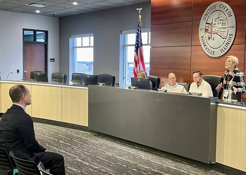 The electoral board unanimously rules to uphold an objection against Sammy Hall's (left) nominating papers for containing insufficient public signatures for Fourth Ward Alderman in Yorkville on Dec. 2, 2024.
