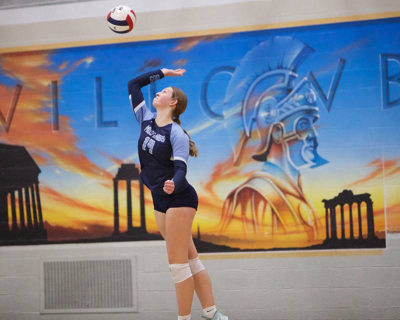 Downers Grove South's Jennifer Curran serves the ball against Downers Grove North at the Class 4A Willowbrook Sectional Final on Thursday, Nov.7,2024 in Villa Park.