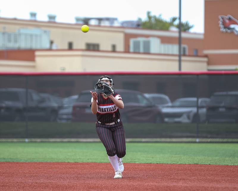 Yorkville's Bella Rosauer (5) catches a soft pop fly at second during softball game between Oswego at Yorkville. May 5, 2026 in Yorkville.
