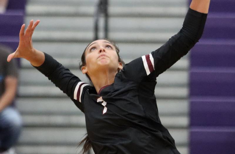 Prairie Ridge’s Maizy Agnello prepares to hammer the ball in varsity girls volleyball at Hampshire High School in Hampshire on Tuesday, Sept. 2, 2025.
