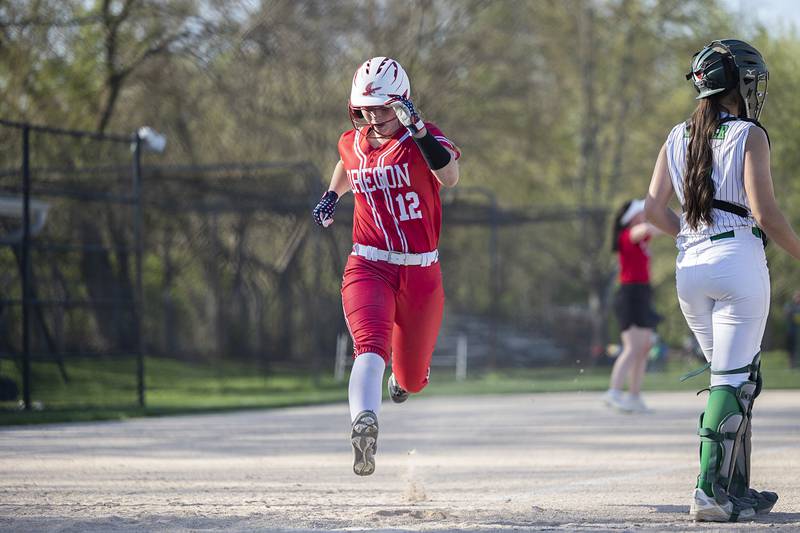 Oregon’s Kendall Boyle comes in to score against Rock Falls Wednesday, April 22, 2026.