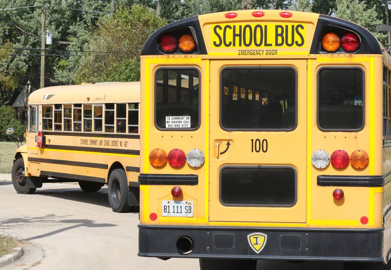 Buses full of Sycamore Middle School students depart the school parking lot Friday, Sep. 17, 2021 at the end of the school day.