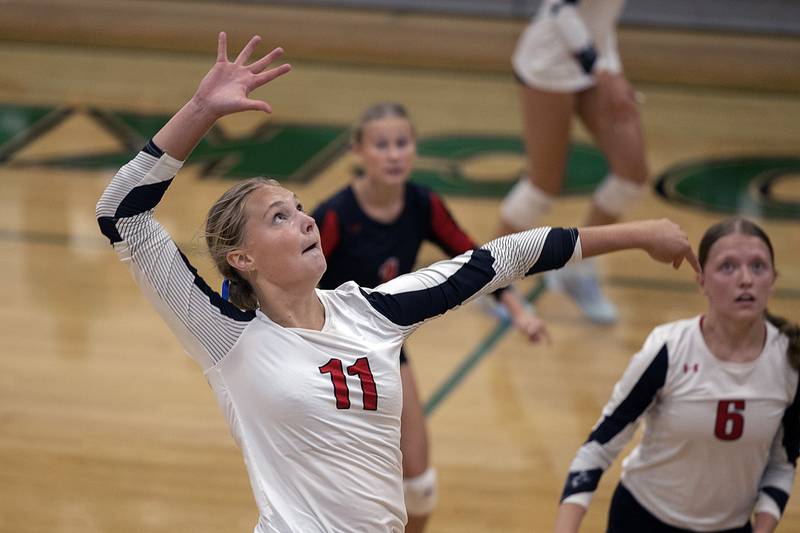 Erie-Prophetstown’s Lauren Abbott eyes the ball against Rock Falls on Thursday, Sept. 11, 2025.